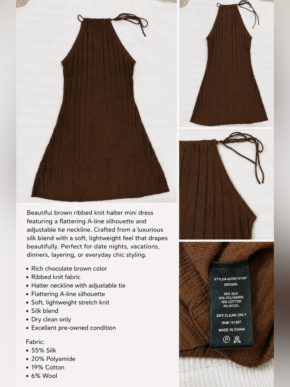 ASTR Brown Silk Blend Ribbed Halter Knit Mini Dress Tie Neck Soft Luxe